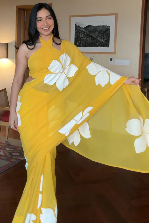 Piquant 1-Minute Ready To Wear Yellow Georgette Saree