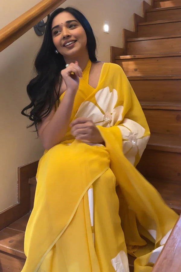 Piquant 1-Minute Ready To Wear Yellow Georgette Saree