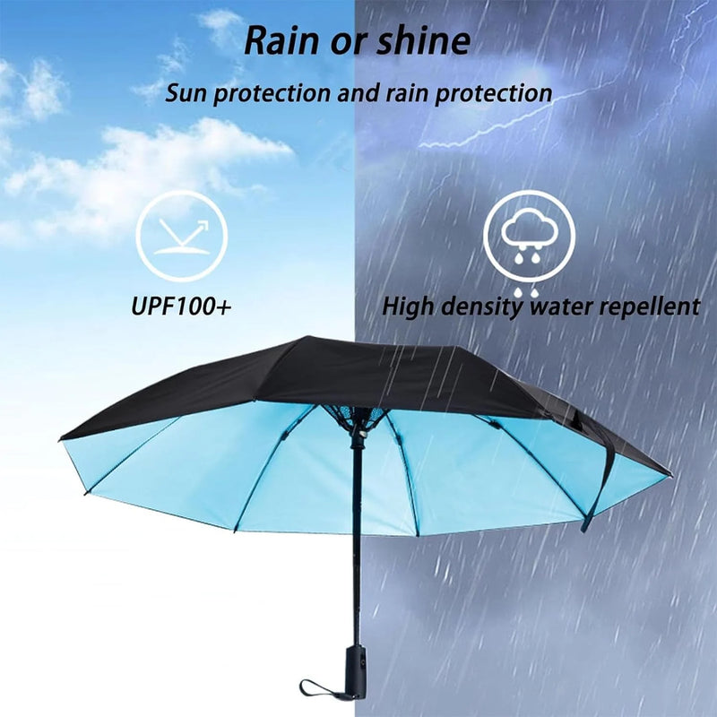 UPF 50+ Travel Umbrella for Sun & Rain, 3 in 1 Umbrella with Fan and Mister