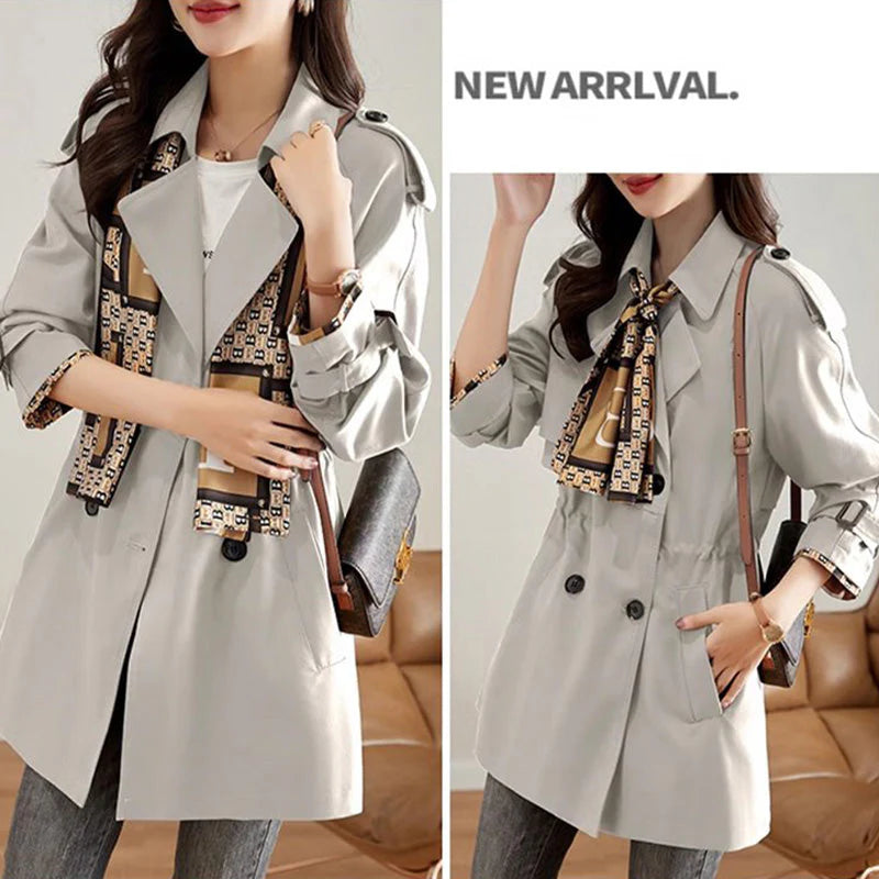 Slim Mid-Length Trench Coat with Lapel for Women