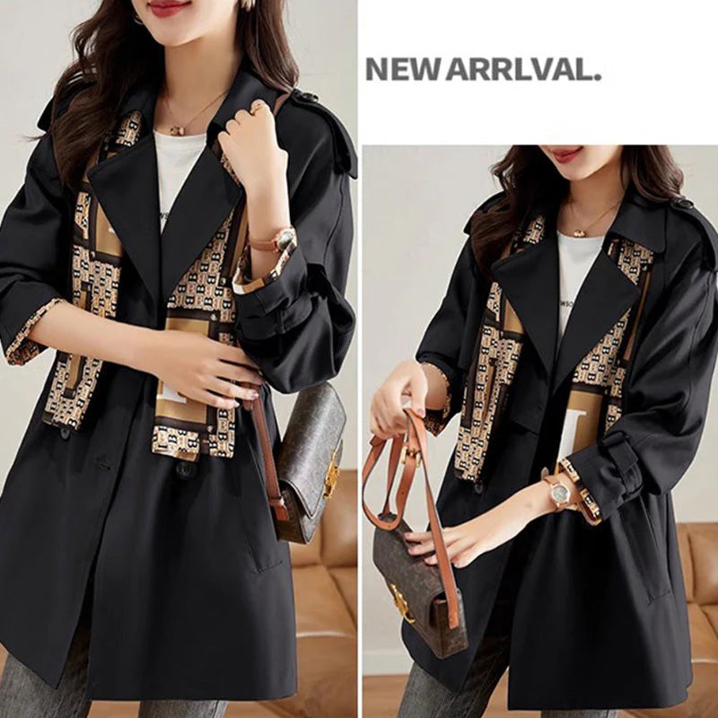 Slim Mid-Length Trench Coat with Lapel for Women