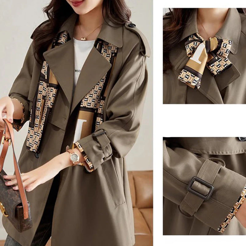 Slim Mid-Length Trench Coat with Lapel for Women