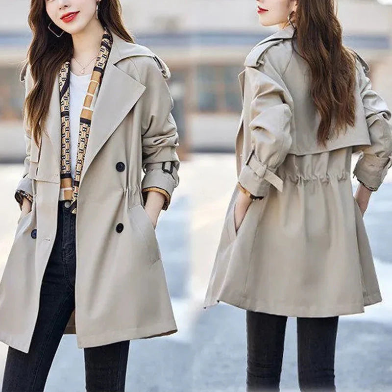 Slim Mid-Length Trench Coat with Lapel for Women