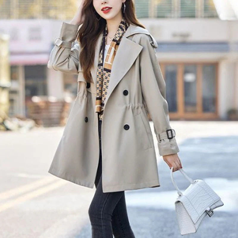 Slim Mid-Length Trench Coat with Lapel for Women