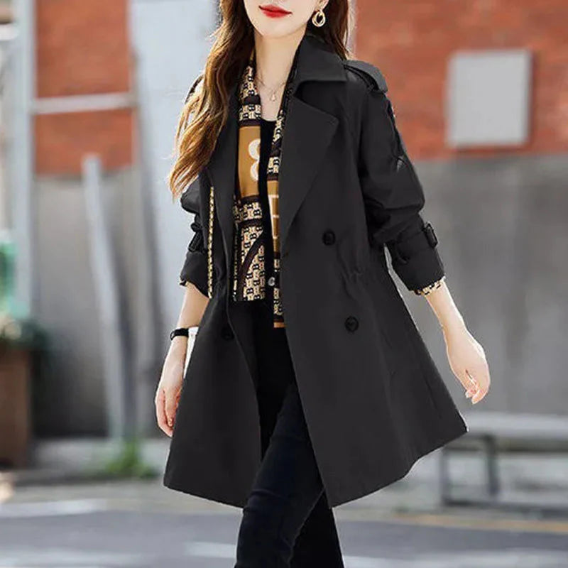 Slim Mid-Length Trench Coat with Lapel for Women