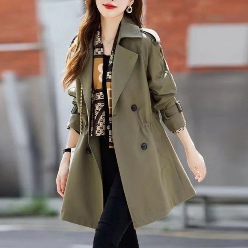 Slim Mid-Length Trench Coat with Lapel for Women