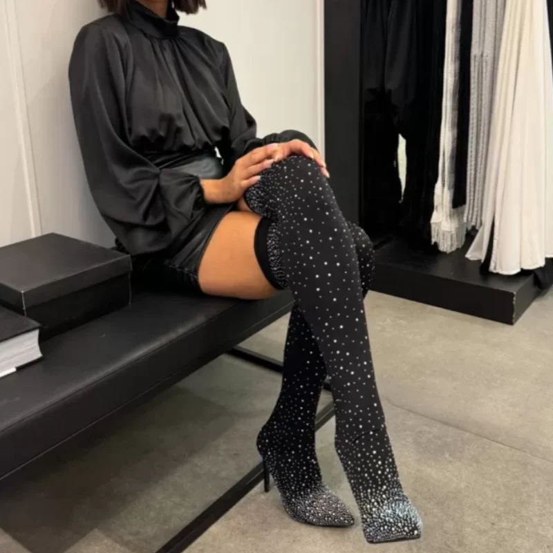 Hot Sale: Sparkly Faux Diamonds Knee High Boots